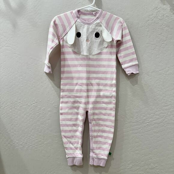 Green Cotton White Bunny Appliqué Pink Stripe Romper - Picture 1 of 7